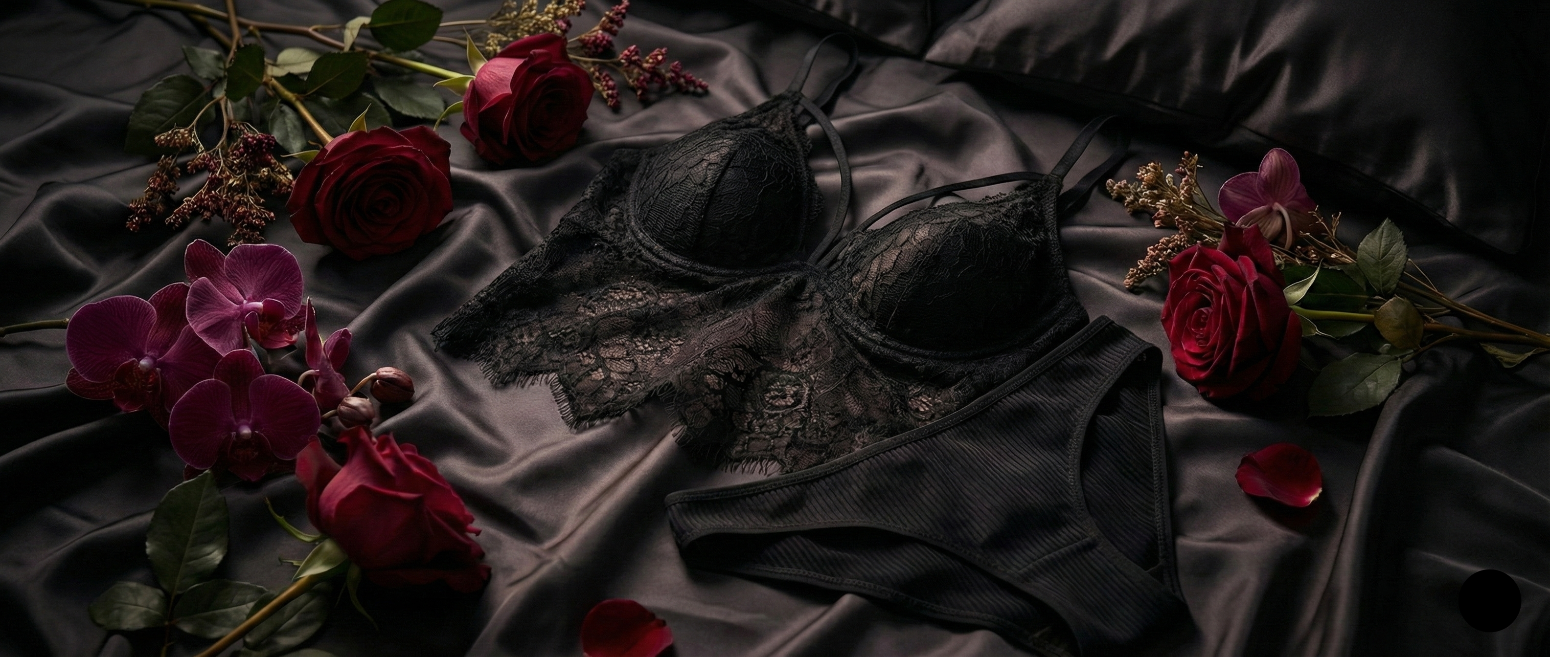 Black lace lingerie with red roses on a dark fabric background