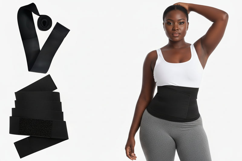 Black waist trainer belt with a woman wearing it on a white background